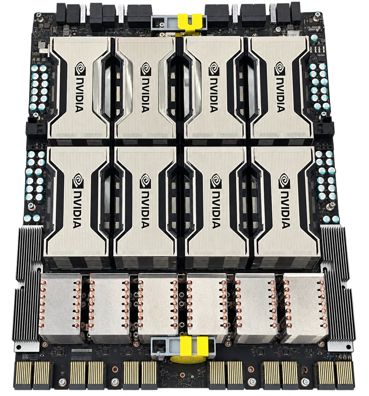 GPU assembly with eight silver NVIDIA module covers and attached cooling components
